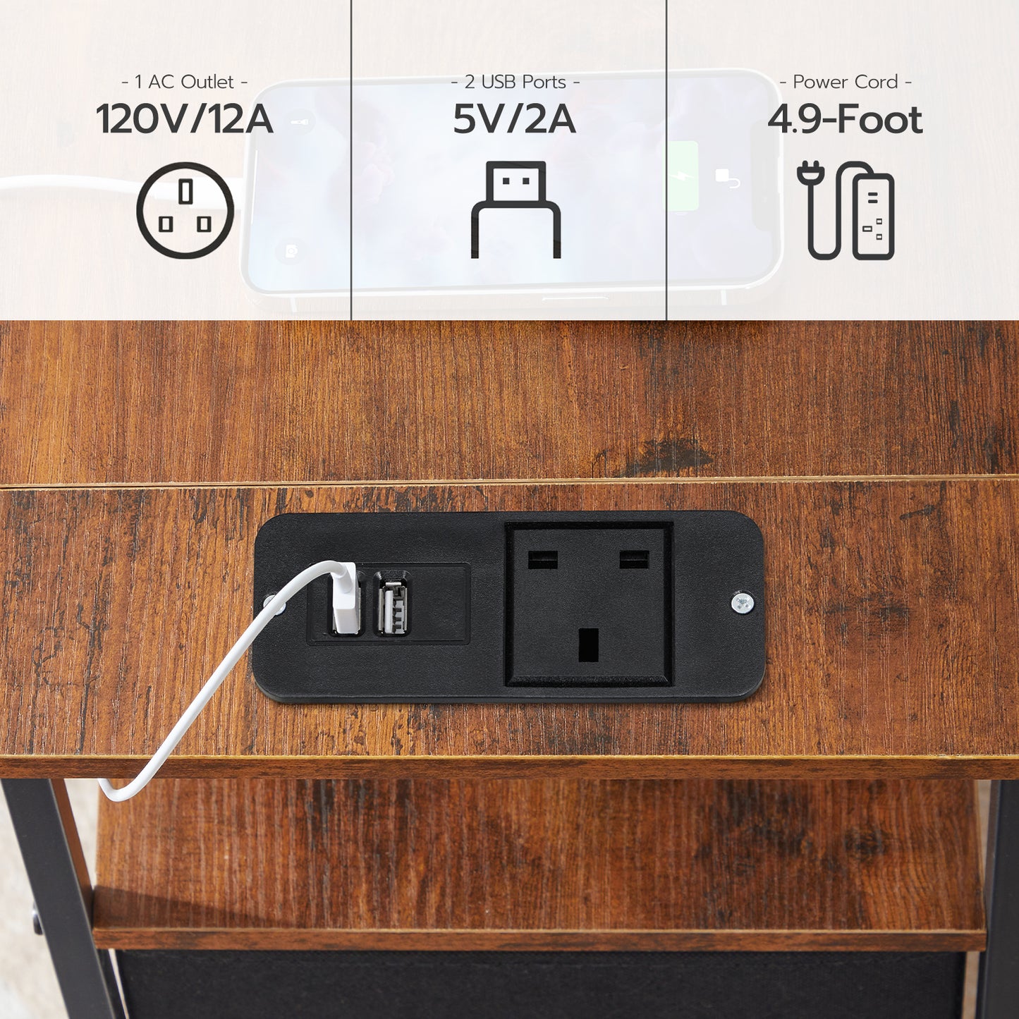 HOOBRO Narrow Bedside Table with Charging Station, with 2 Non-Woven Drawers, Slim Side Table with USB Ports and Power Outlets, Narrow Side Table for Small Spaces