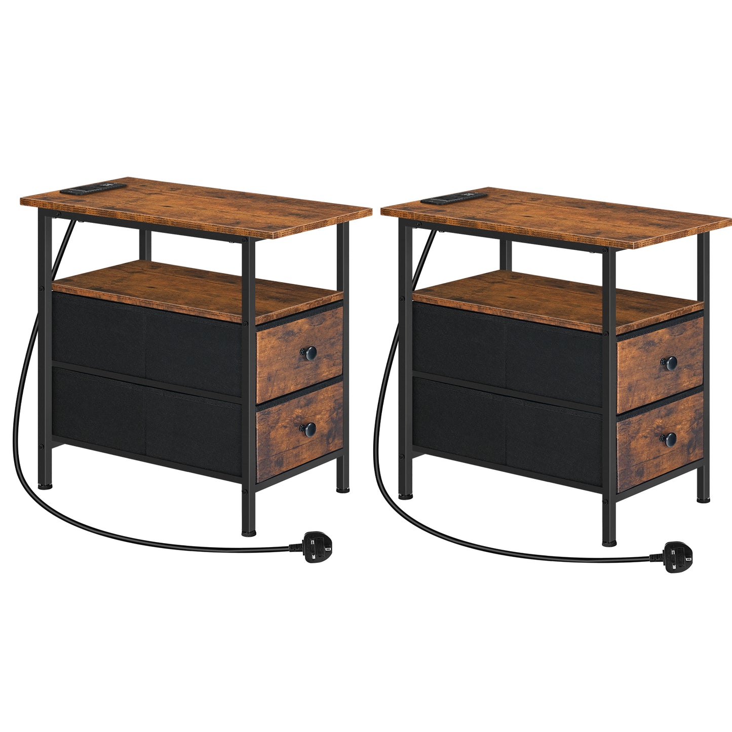 HOOBRO Narrow Bedside Table with Charging Station, with 2 Non-Woven Drawers, Slim Side Table with USB Ports and Power Outlets, Narrow Side Table for Small Spaces