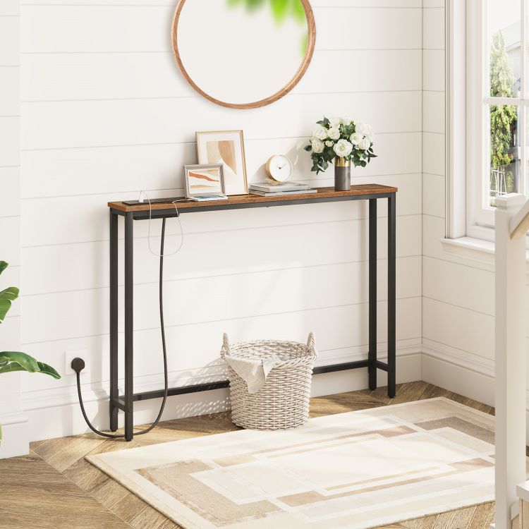 HOOBRO Slim Console Table with Charging Station, Hallway Table with USB Ports and Power Outlets, 100 cm Long, Narrow Sofa/Behind Couch Table for Entryway, Small Spaces
