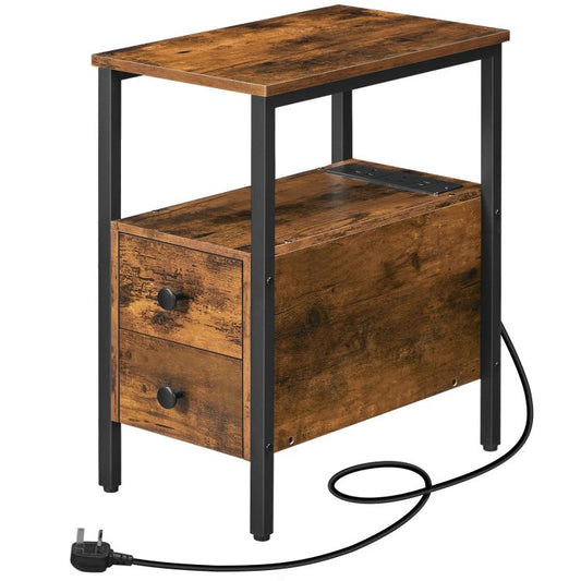 HOOBRO Narrow Side Table, Bedside Table with Charging Station, USB Ports & Power Outlets, Slim Side Table for Small Spaces, 2 Drawers, Industrial Nightstand