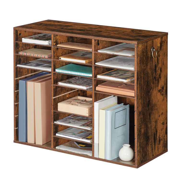 HOOBRO Filing Tray, 27-Compartment Wooden Literature Organizer, File Organizer for A4 Paper, Desk Organiser with Adjustable Shelves, File Sorter, for Office, Study, Library