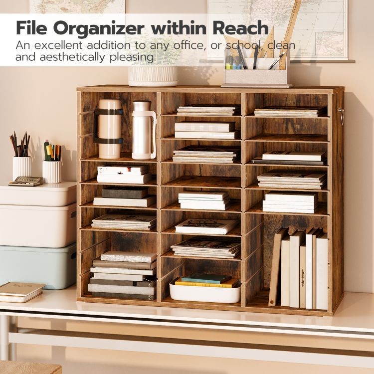 HOOBRO Filing Tray, 27-Compartment Wooden Literature Organizer, File Organizer for A4 Paper, Desk Organiser with Adjustable Shelves, File Sorter, for Office, Study, Library