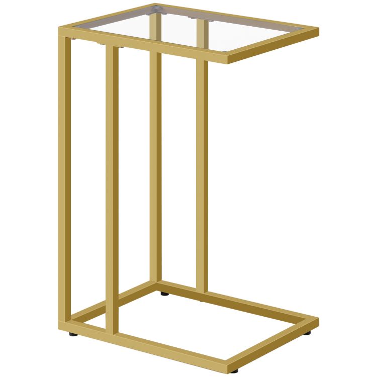 HOOBRO C Shaped End Table, Tempered Glass Gold Side Table, Under Sofa Table, Small Coffee Snack Table for Small Spaces, Laptop End Table for Living Room, Bedside Table, Metal Frame