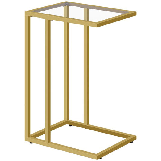 HOOBRO C Shaped End Table, Tempered Glass Gold Side Table, Under Sofa Table, Small Coffee Snack Table for Small Spaces, Laptop End Table for Living Room, Bedside Table, Metal Frame