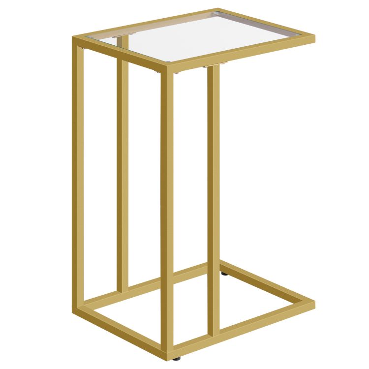 HOOBRO C Shaped End Table, Tempered Glass Gold Side Table, Under Sofa Table, Small Coffee Snack Table for Small Spaces, Laptop End Table for Living Room, Bedside Table, Metal Frame