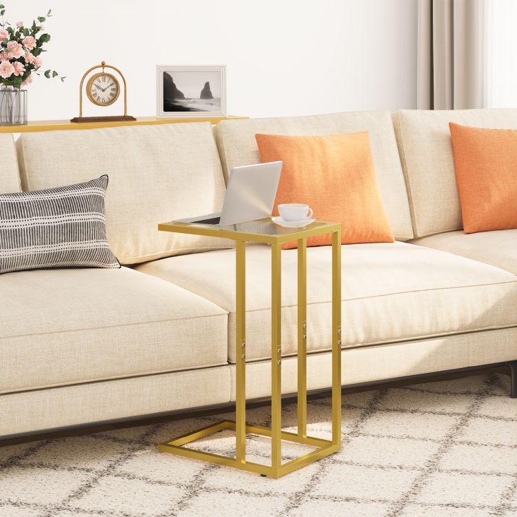 HOOBRO C Shaped End Table, Tempered Glass Gold Side Table, Under Sofa Table, Small Coffee Snack Table for Small Spaces, Laptop End Table for Living Room, Bedside Table, Metal Frame