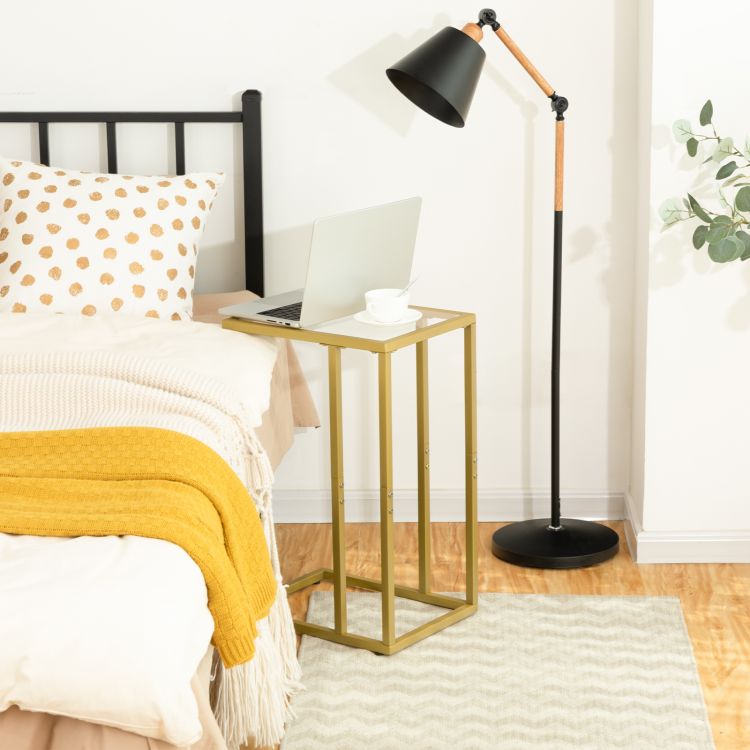 HOOBRO C Shaped End Table, Tempered Glass Gold Side Table, Under Sofa Table, Small Coffee Snack Table for Small Spaces, Laptop End Table for Living Room, Bedside Table, Metal Frame