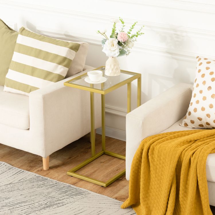 HOOBRO C Shaped End Table, Tempered Glass Gold Side Table, Under Sofa Table, Small Coffee Snack Table for Small Spaces, Laptop End Table for Living Room, Bedside Table, Metal Frame