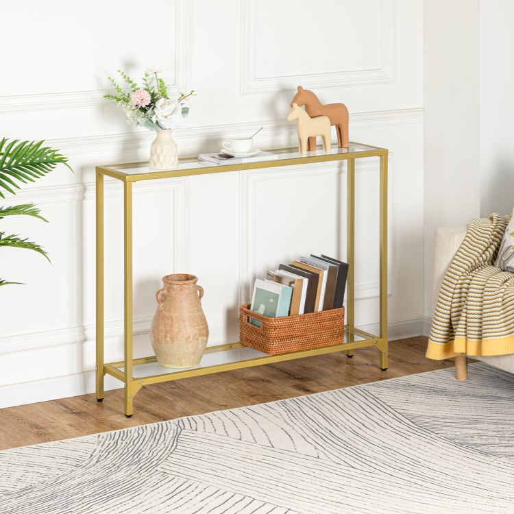 HOOBRO Console Table, 2-Tier Glass Console Table, Slim Hallway Table with 2 Shelves, 100x22x80 cm, Tempered Glass Sofa Table, Modern Display Table for Living Room, Small Space