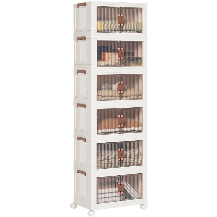 HOOBRO Wardrobe Storage Organiser, Stackable Storage Boxes with Doors, Foldable Plastic Storage Boxes with Wheels, 6 x 41.6L, Kitchen Storage Containers Organizer, for Living Room