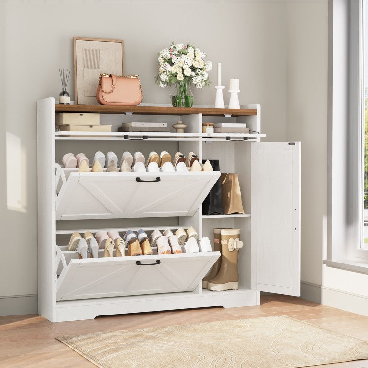 HOOBRO Farmhouse Shoe Storage Cabinet, Shoe Cabinet Storage for Entryway, Freestanding Shoe Organizer with 2 Flip Drawers, Narrow Shoe Cabinet with Adjustable Side Cabinet