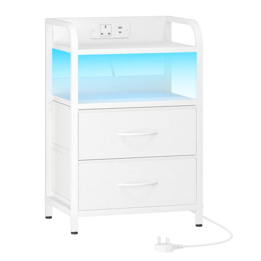 HOOBRO Bedside Table, Nightstand with Charging Station and LED Lights, Side Table with 2 Drawers and 2 Open Shelves, Metal Frame, for Living Room, Bedroom, Study