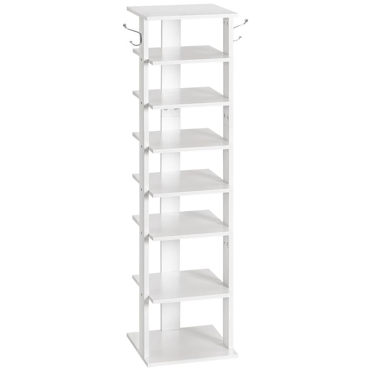 HOOBRO Shoe Rack Wooden, Tall Shoe Rack, Narrow Shoe Storage Organizer with 2 Hooks, Slim Shoe Shelf, Vertical Shoe Tower for Entrance, Living Room, Hallway, Industrial
