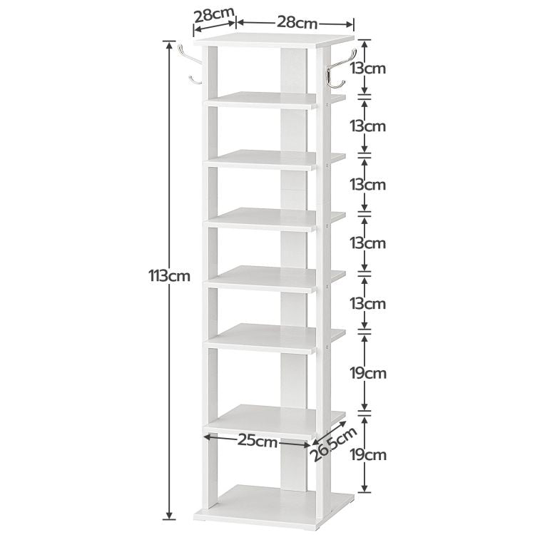 HOOBRO Shoe Rack Wooden, Tall Shoe Rack, Narrow Shoe Storage Organizer with 2 Hooks, Slim Shoe Shelf, Vertical Shoe Tower for Entrance, Living Room, Hallway, Industrial