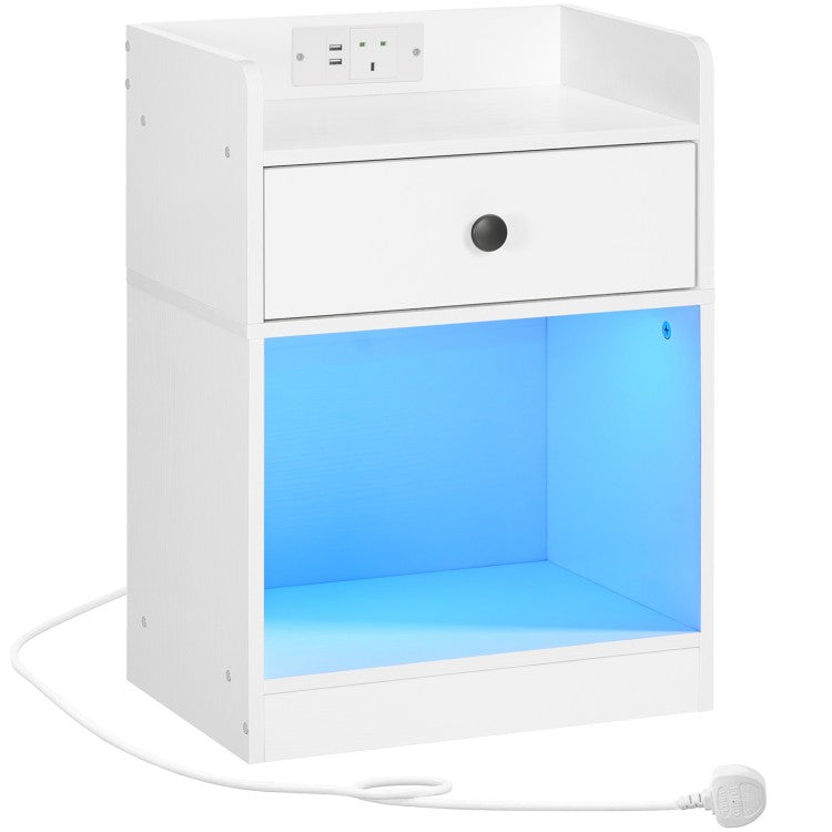 HOOBRO Bedside Table with Charging Station and LED Lights, Bed Side Table with Socket and 2 USB Ports, Nightstand with Drawer, Open Storage for Bedroom, Living Room