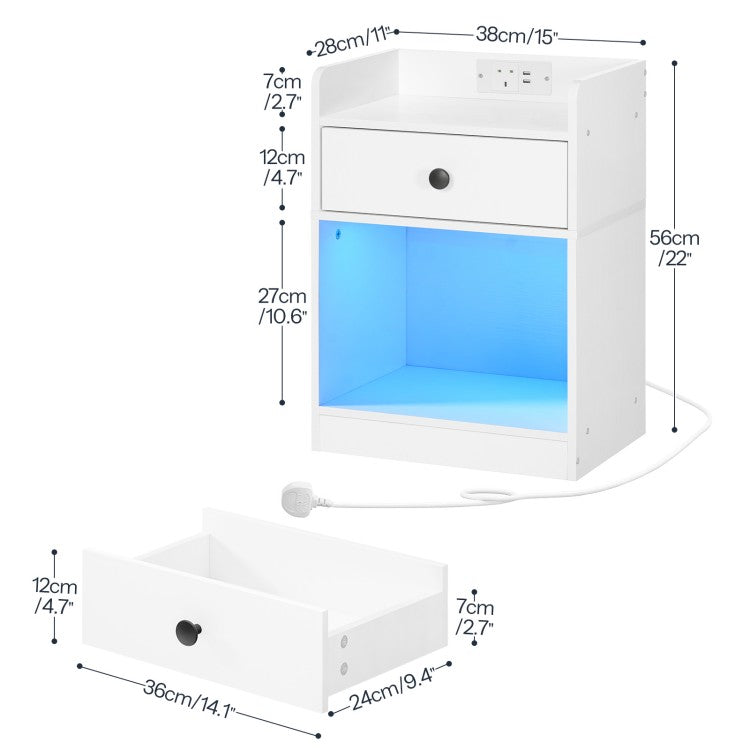 HOOBRO Bedside Table with Charging Station and LED Lights, Bed Side Table with Socket and 2 USB Ports, Nightstand with Drawer, Open Storage for Bedroom, Living Room