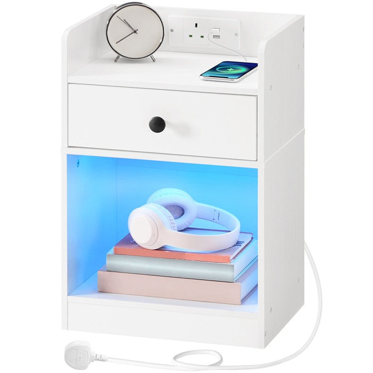 HOOBRO Bedside Table with Charging Station and LED Lights, Bed Side Table with Socket and 2 USB Ports, Nightstand with Drawer, Open Storage for Bedroom, Living Room