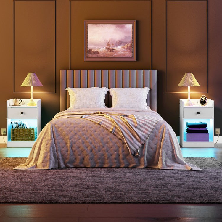 HOOBRO Bedside Table with Charging Station and LED Lights, Bed Side Table with Socket and 2 USB Ports, Nightstand with Drawer, Open Storage for Bedroom, Living Room