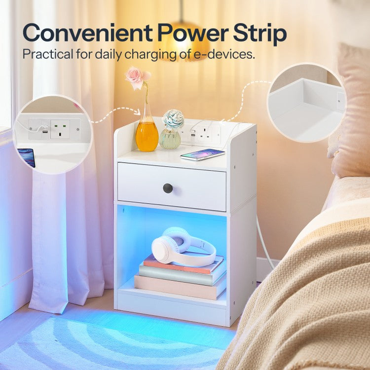 HOOBRO Bedside Table with Charging Station and LED Lights, Bed Side Table with Socket and 2 USB Ports, Nightstand with Drawer, Open Storage for Bedroom, Living Room