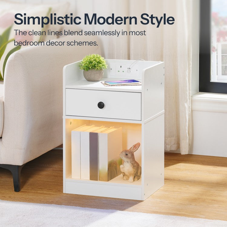 HOOBRO Bedside Table with Charging Station and LED Lights, Bed Side Table with Socket and 2 USB Ports, Nightstand with Drawer, Open Storage for Bedroom, Living Room