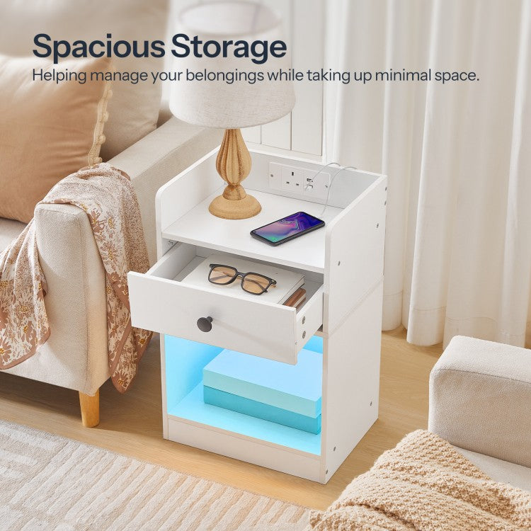 HOOBRO Bedside Table with Charging Station and LED Lights, Bed Side Table with Socket and 2 USB Ports, Nightstand with Drawer, Open Storage for Bedroom, Living Room