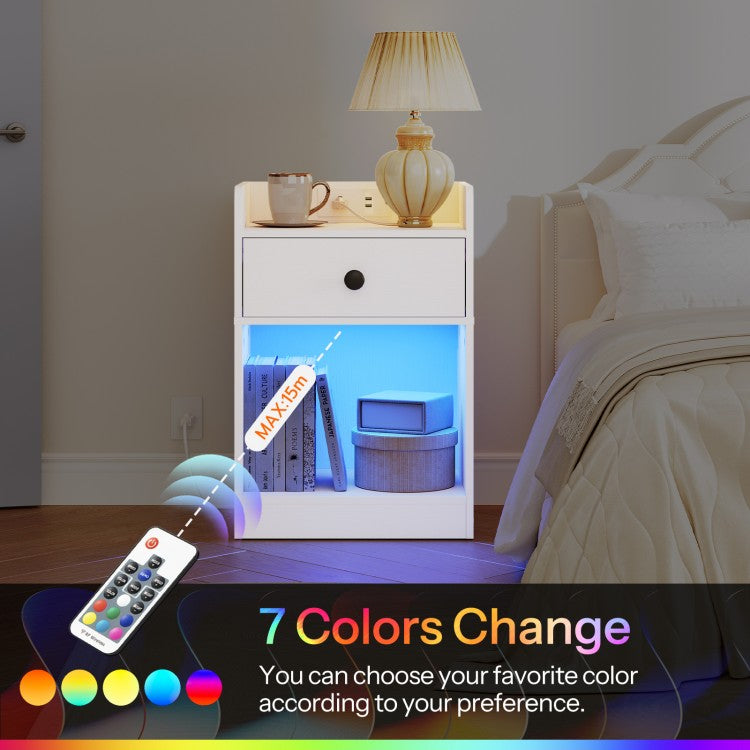 HOOBRO Bedside Table with Charging Station and LED Lights, Bed Side Table with Socket and 2 USB Ports, Nightstand with Drawer, Open Storage for Bedroom, Living Room