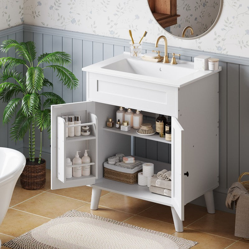 HOOBRO Bathroom Vanity with Sink, Bathroom Vanities Cabinet with Ceramic Basin, Farmhouse Vanity Sink Cabinet with 2 Doors, Drain Kit Not Included