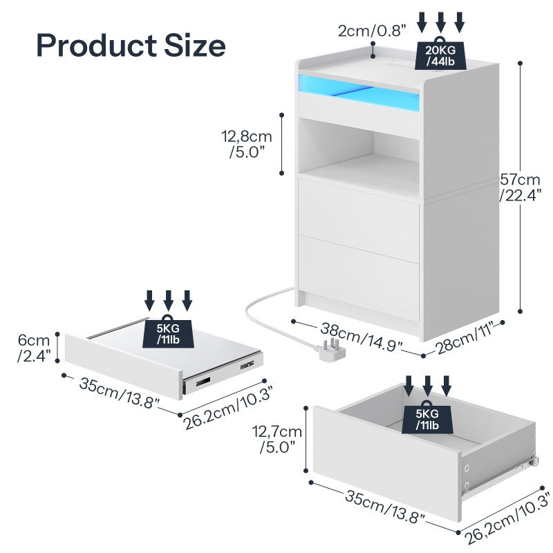 HOOBRO Bedside Table with Charging Station, End Table with 20-Color LED Lights, Nightstand with 1AC Outlet, 2 USB Ports, 3 Drawers for Bedroom, Living Room, Study, Home Office