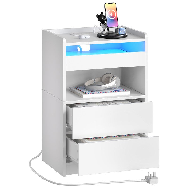 HOOBRO Bedside Table with Charging Station, End Table with 20-Color LED Lights, Nightstand with 1AC Outlet, 2 USB Ports, 3 Drawers for Bedroom, Living Room, Study, Home Office