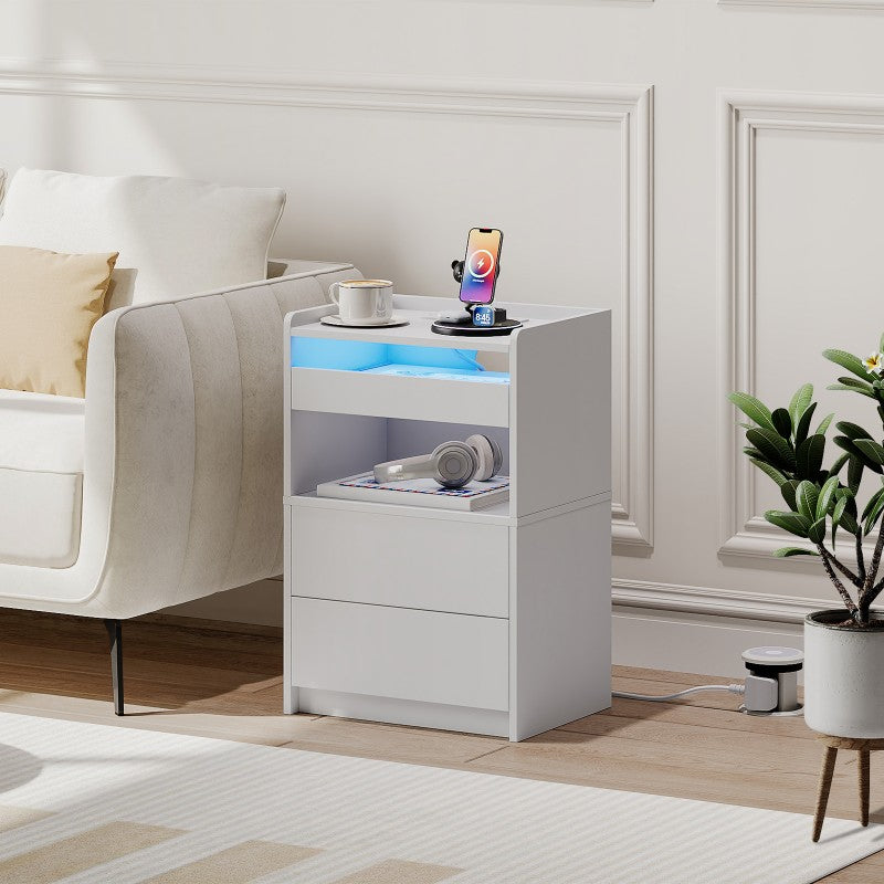 HOOBRO Bedside Table with Charging Station, End Table with 20-Color LED Lights, Nightstand with 1AC Outlet, 2 USB Ports, 3 Drawers for Bedroom, Living Room, Study, Home Office