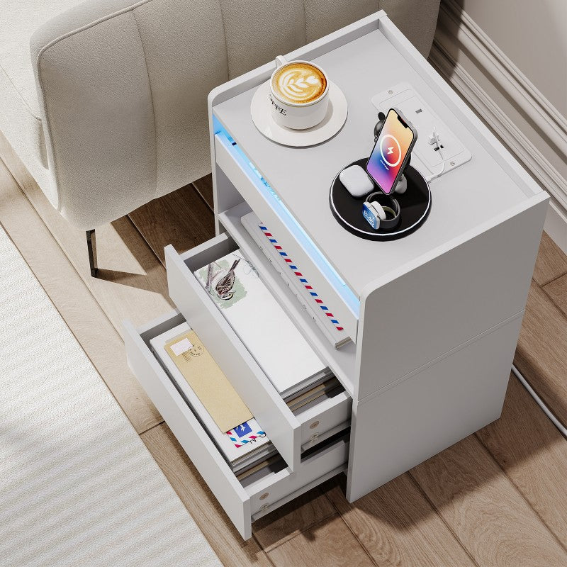 HOOBRO Bedside Table with Charging Station, End Table with 20-Color LED Lights, Nightstand with 1AC Outlet, 2 USB Ports, 3 Drawers for Bedroom, Living Room, Study, Home Office
