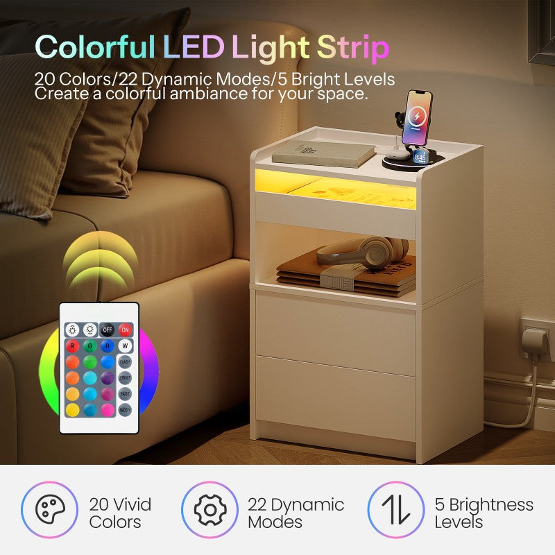 HOOBRO Bedside Table with Charging Station, End Table with 20-Color LED Lights, Nightstand with 1AC Outlet, 2 USB Ports, 3 Drawers for Bedroom, Living Room, Study, Home Office