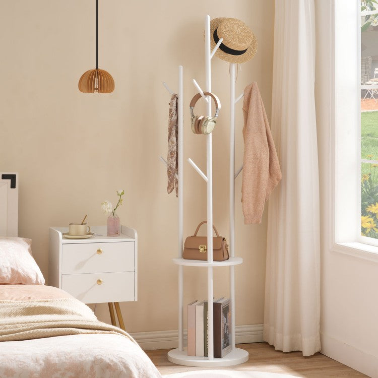 HOOBRO Coat Stand, Coat Rack for Hallway, Freestanding Coat Rack Stand with 8 Hooks, Storage Shelves, Hall Trees for Clothes