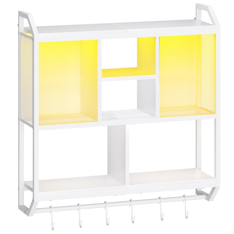 HOOBRO Gaming Floating Shelves, 73cm Wall Mounted Hanging Shelf with LED Lights, 4-Tier Display Rack for Wall Storage, Floating Storage Rack with 6 S-Hooks, for Gaming Room