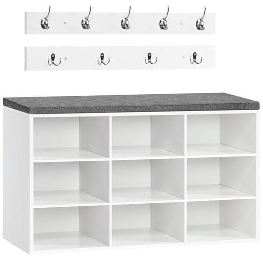 HOOBRO Shoe Storage Bench with Cushion and Coat Hooks, Shoe Rack Bench with Padded Seat, 80 cm Coat Rack for Hallway, 9 Compartments, Storage Cabinet for Bedroom, Living Room