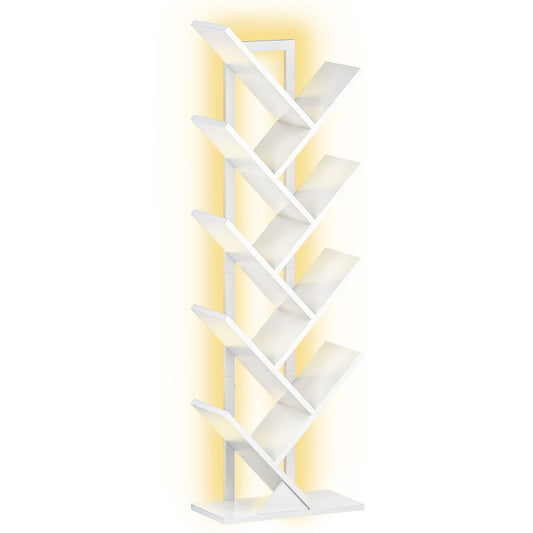 HOOBRO 9-Tier Tree Bookshelf with LED Lights, Floor Standing Book Shelf, Modern Wooden Bookcase with Metal Frame, for Books, CD, Living Room, Bedroom, Office
