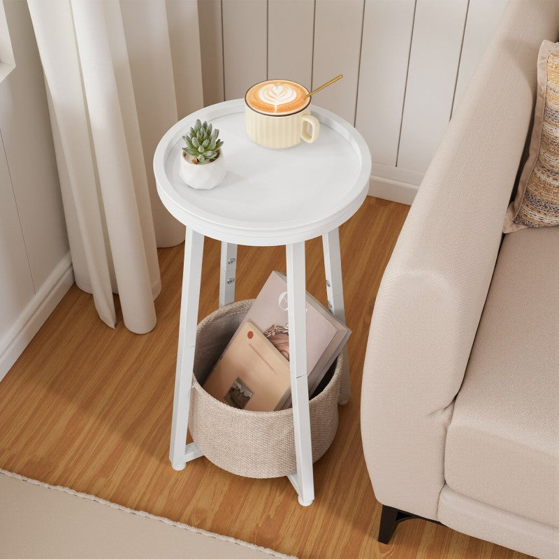 HOOBRO Round Side Table, 2-Tier Sofa Side Table Small Table with Storage Basket, Small Bedside Table, Compact Corner Tables for Small Spaces, Living Room, Bedroom
