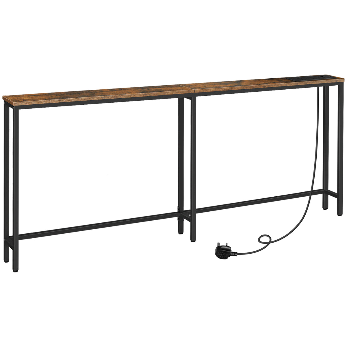HOOBRO Narrow Console Table with Charging Station, 200 cm Behind Sofa Table, Long Hallway Table, Slim Console Table for Hallway, Bedroom, Living Room, Rustic Brown and Black