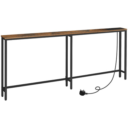 HOOBRO Narrow Console Table with Charging Station, 200 cm Behind Sofa Table, Long Hallway Table, Slim Console Table for Hallway, Bedroom, Living Room, Rustic Brown and Black