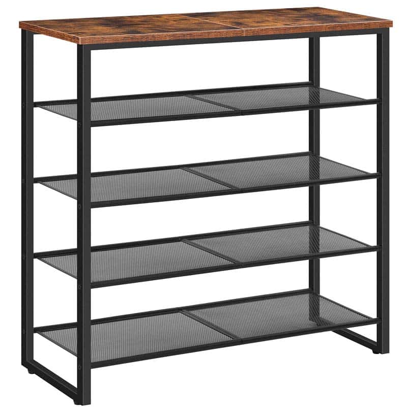 A 5-tier industrial shelving unit with a rustic brown wood-look top and a black metal frame with mesh shelves, shown on a plain white background.