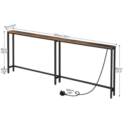 HOOBRO Narrow Console Table with Charging Station, 200 cm Behind Sofa Table, Long Hallway Table, Slim Console Table for Hallway, Bedroom, Living Room, Rustic Brown and Black