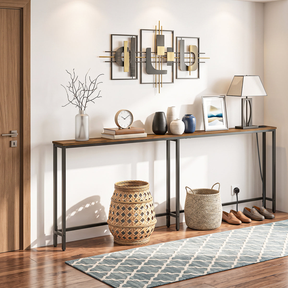 HOOBRO Narrow Console Table with Charging Station, 200 cm Behind Sofa Table, Long Hallway Table, Slim Console Table for Hallway, Bedroom, Living Room, Rustic Brown and Black