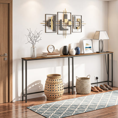 HOOBRO Narrow Console Table with Charging Station, 200 cm Behind Sofa Table, Long Hallway Table, Slim Console Table for Hallway, Bedroom, Living Room, Rustic Brown and Black