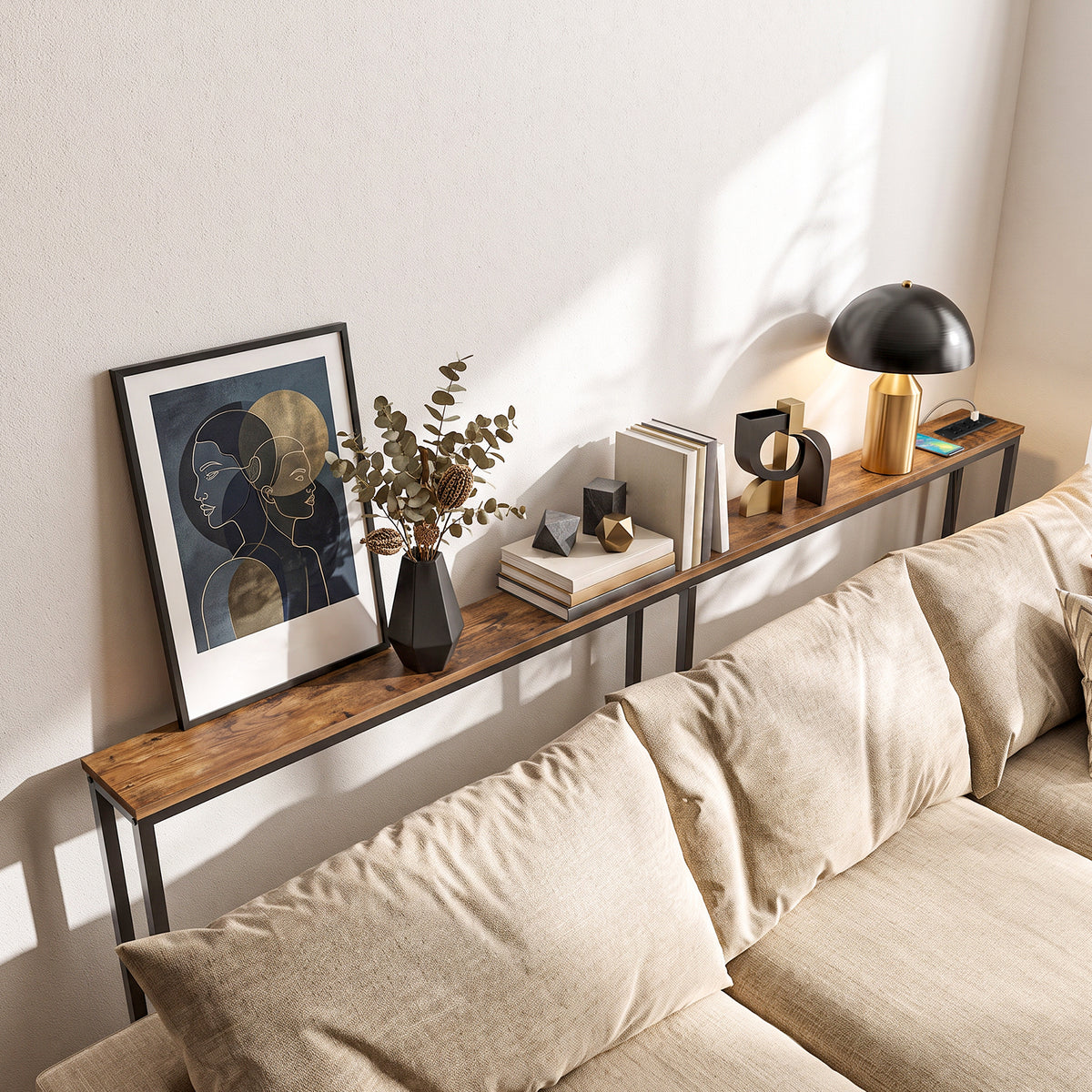 HOOBRO Narrow Console Table with Charging Station, 200 cm Behind Sofa Table, Long Hallway Table, Slim Console Table for Hallway, Bedroom, Living Room, Rustic Brown and Black