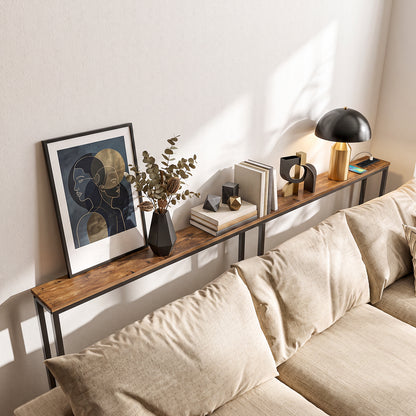 HOOBRO Narrow Console Table with Charging Station, 200 cm Behind Sofa Table, Long Hallway Table, Slim Console Table for Hallway, Bedroom, Living Room, Rustic Brown and Black