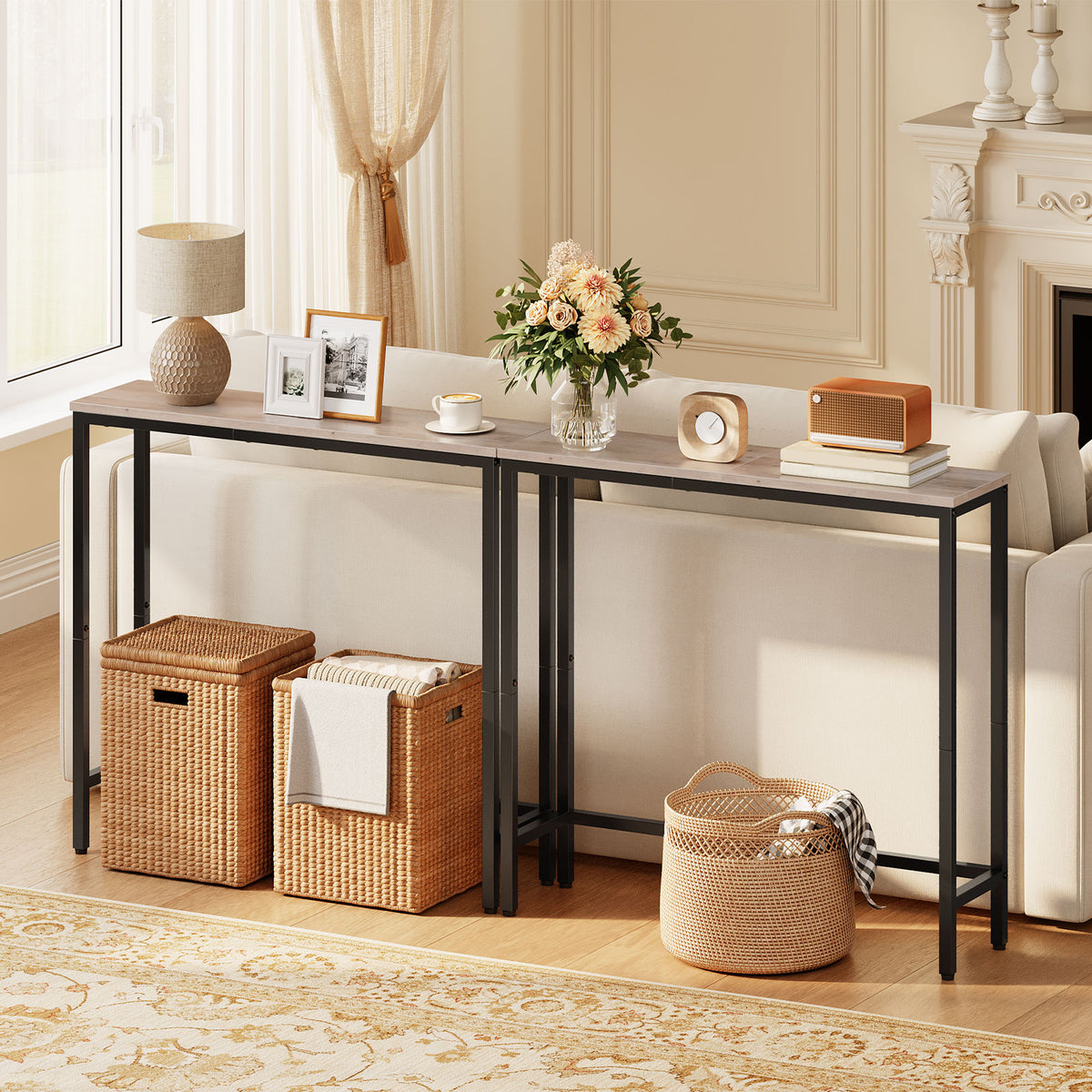 HOOBRO Side Table, Narrow Corridor Side Table, Metal Frame, Compact Industrial Display Table, Coffee Table for Small Spaces, Hallway, Living Room, Robust, Greyish Beige and Black