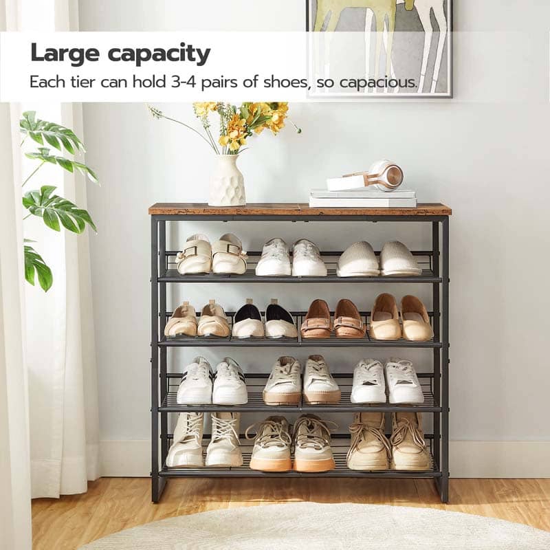 Shoe rack with multiple pairs of shoes on a wooden floor, with text indicating capacity.