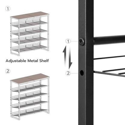 Illustration of an adjustable metal shelf with labeled parts on a white background