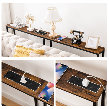 HOOBRO Narrow Console Table with Charging Station, 200 cm Behind Sofa Table, Long Hallway Table, Slim Console Table for Hallway, Bedroom, Living Room, Rustic Brown and Black