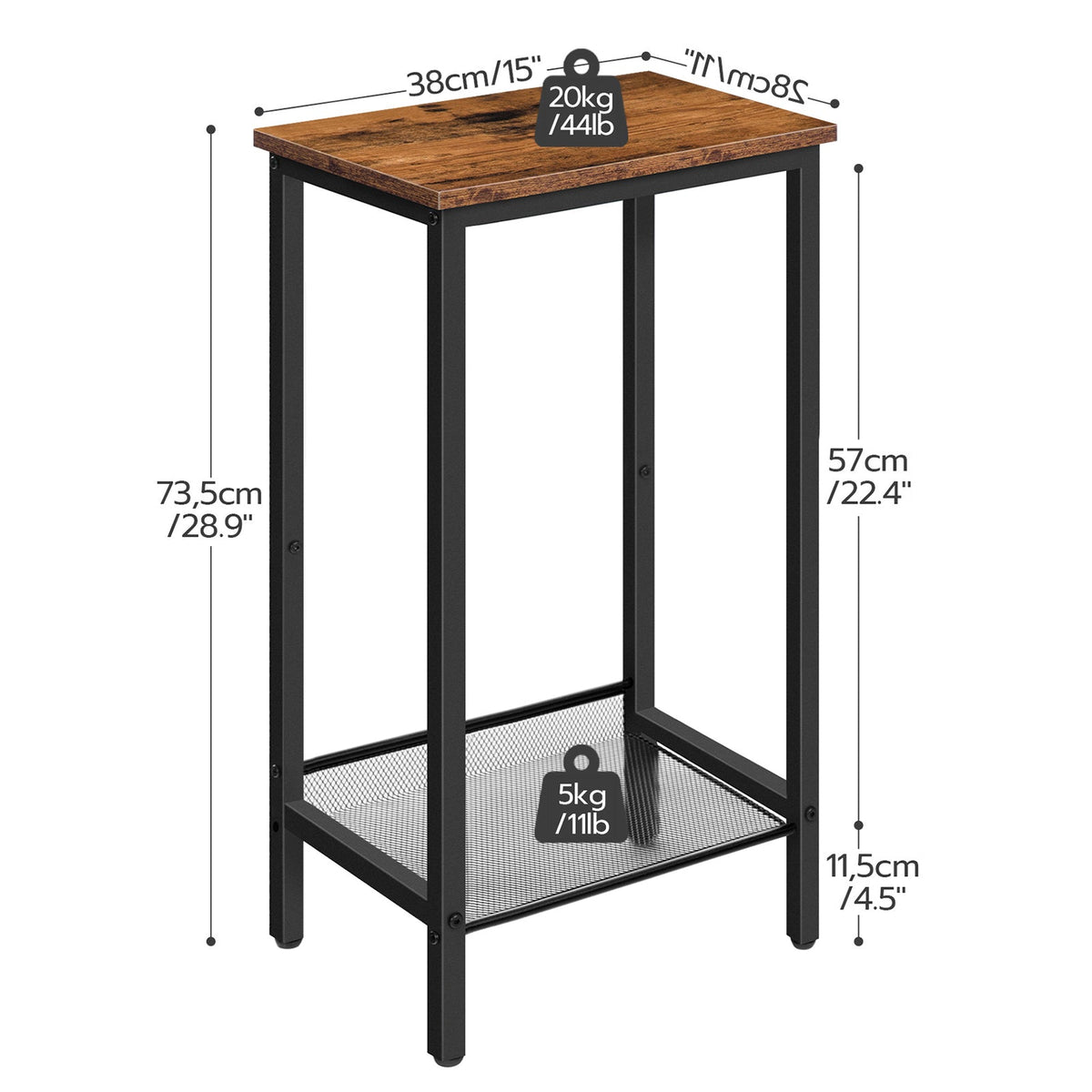 Small wooden table with dimensions and weight label on a white background